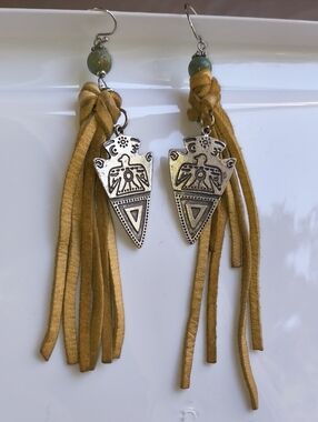 Genuine Buck Skin Leather Fringe Earrings with  Genuine Turquoise Beads BOHO